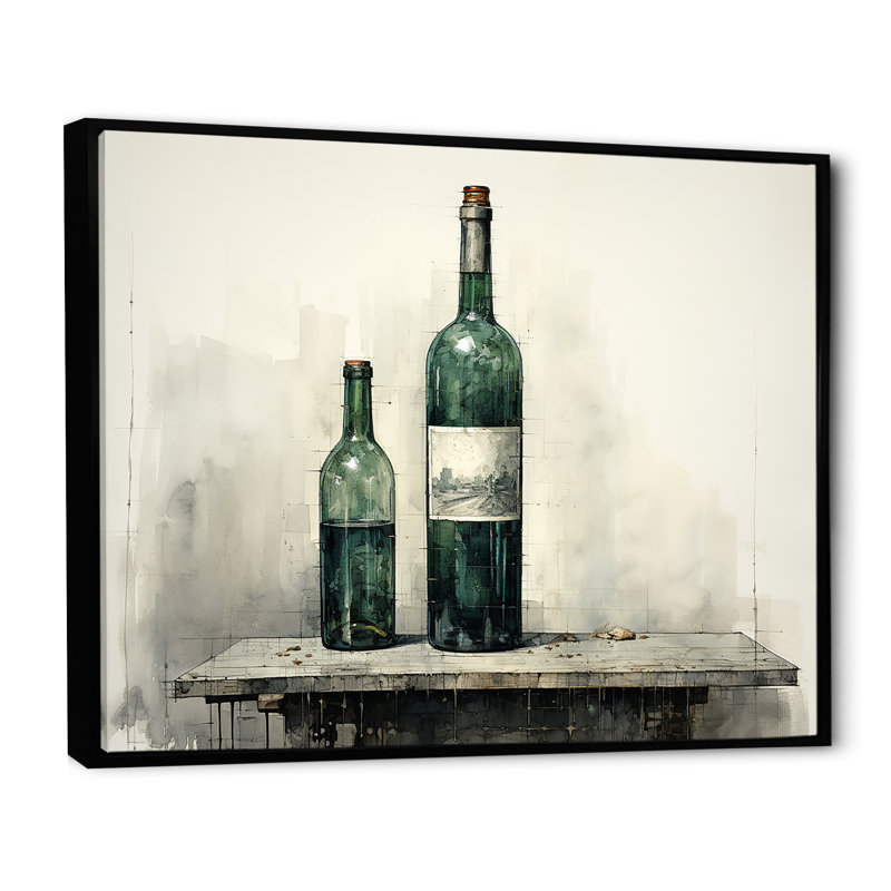 Vert minimaliste bouteilles de vin Silhouette II - art mural vin, Cadre flottant noir, H 34 po x l 44 po x P 1,5 po