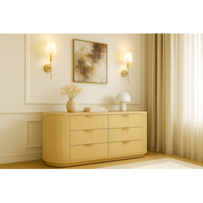 Olivia 71" Double Dresser with 6 Drawers in Natural Oak and Gold