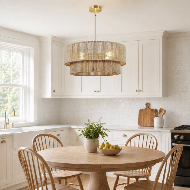 21-Inch 4-Light 2-Tier Hand-Woven Dimmable Drum Chandelier with Adjustable Height and Brass Finish