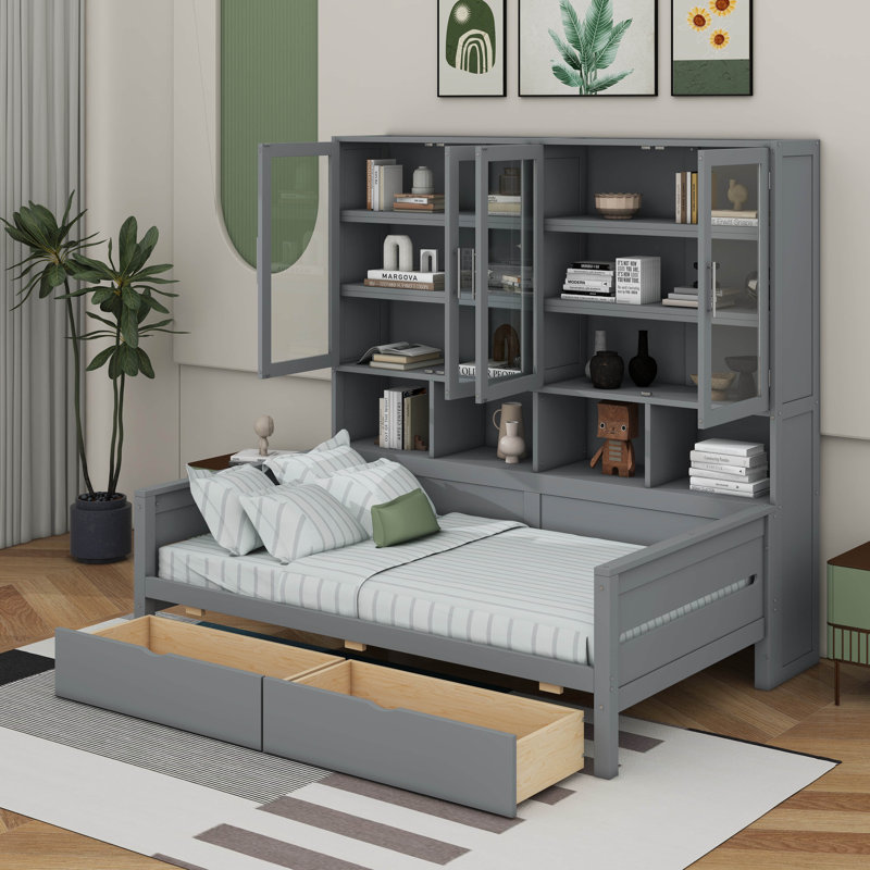 Lit de jour simple en bois avec armoires de rangement à portes vitrées, DEL et tablettes, Gris