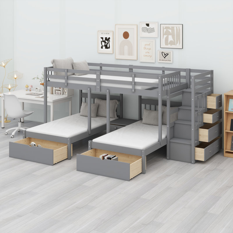 Wood Triple Bunk Bed With Drawers And Guardrails, Grey