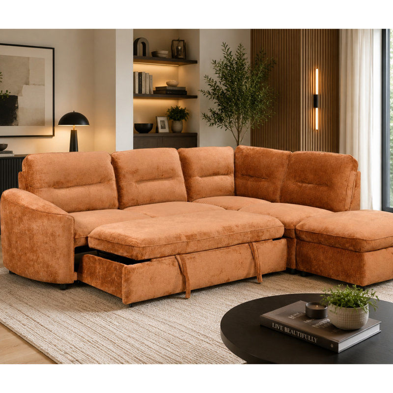 Canapé-lit modulaire avec méridienne Hudson, beige, Orange brûlé, Orienté à droite