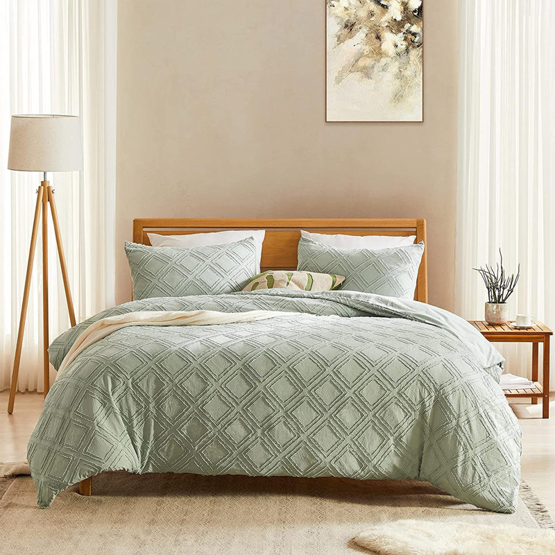 Modern & Contemporary Egyptian Cotton Machine Tufted Bedding, Queen Duvet Cover + 2 Standard Shams, Sage Green