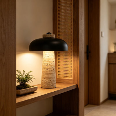 18.25" Genuine Stone Table Lamp with Black Metal Shade