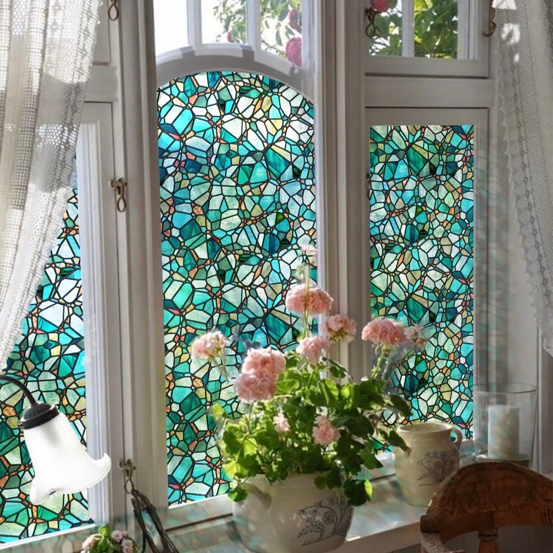 Adhésif décoratif pour fenêtre en faux vitrail, Bleu