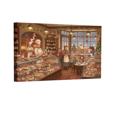 Ensemble de 3 reproductions d'art sur toile, "Christmas Cozy Bakery Christmas Scene with People"