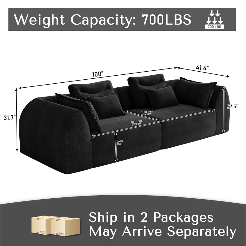 Canapé modulaire Boneless de 100 po de largeur, Noir