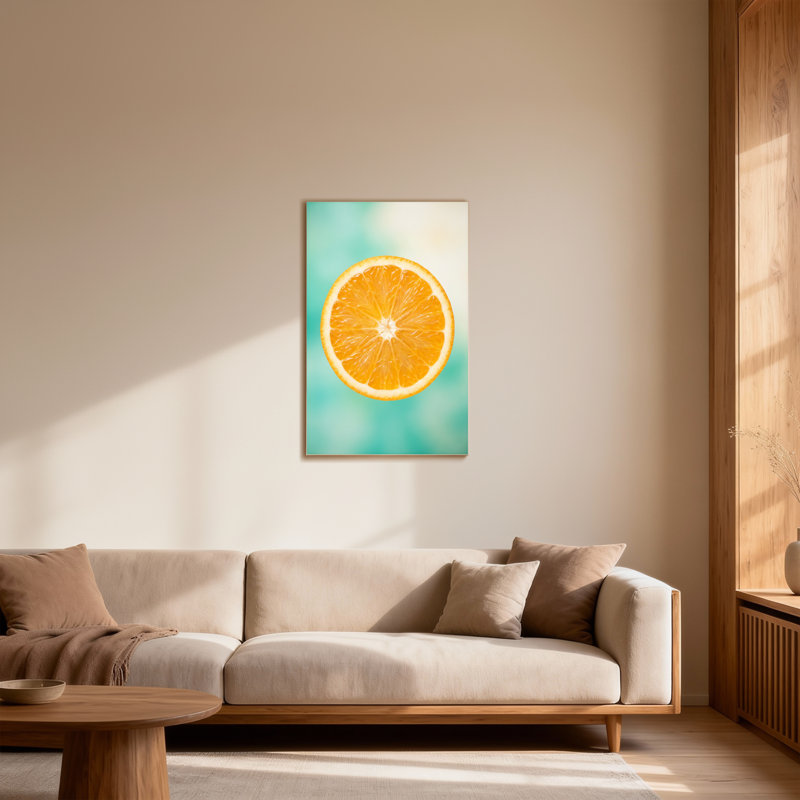 Plantes et fleurs, tranche d'orange sur fond turquoise, H 18 po x l 12 po