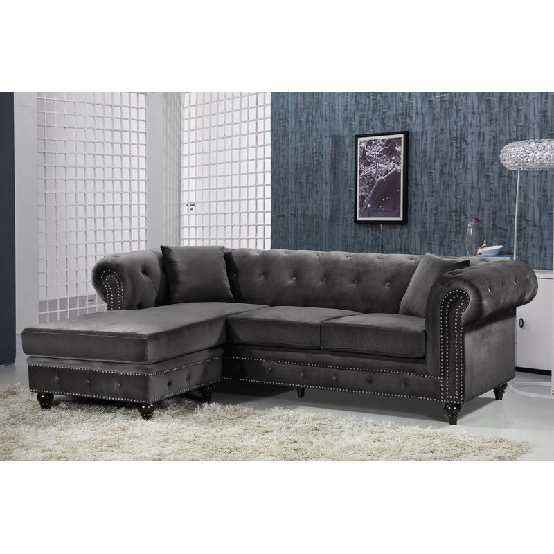 Canapé et méridienne réversible en velours de 96 po de largeur Sabrina, Velours gris