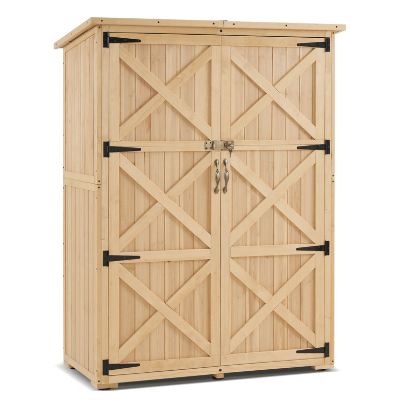 Large Beige Fir Wood Outdoor Storage Cabinet with Shelves
