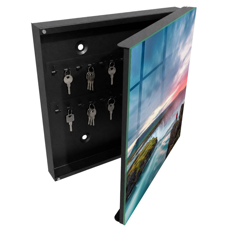 Wall mounted key box, Opens to the left, 30x30x5, Black, A magnificent landscape of waterfalls and rocky cliffs, 