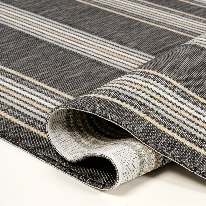 Argo Classic Nautical Mitre Stripe Reversible Machine-Washable Black/Cream Indoor/Outdoor Rug, Rectangle 7'9" x 10'