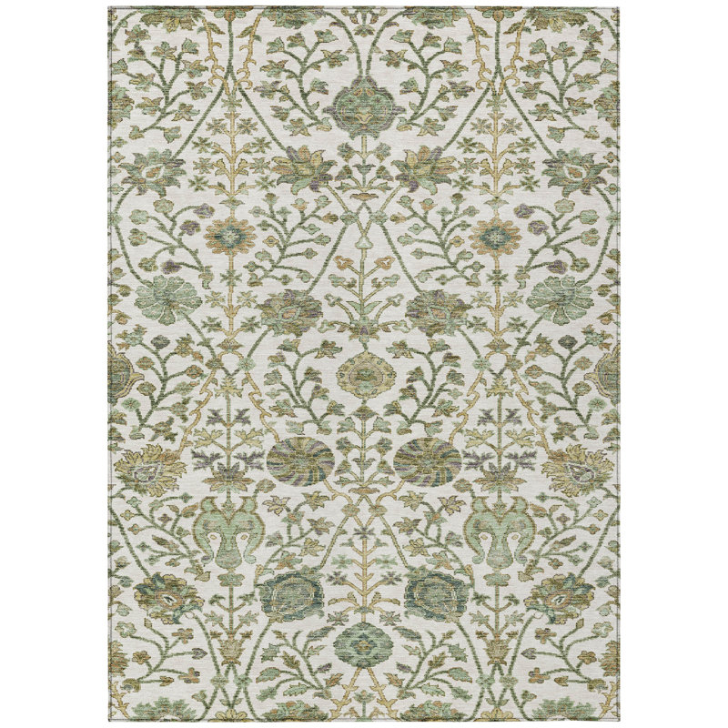 Ivory and Green Floral Synthetic Washable Rug, 3' x 5'