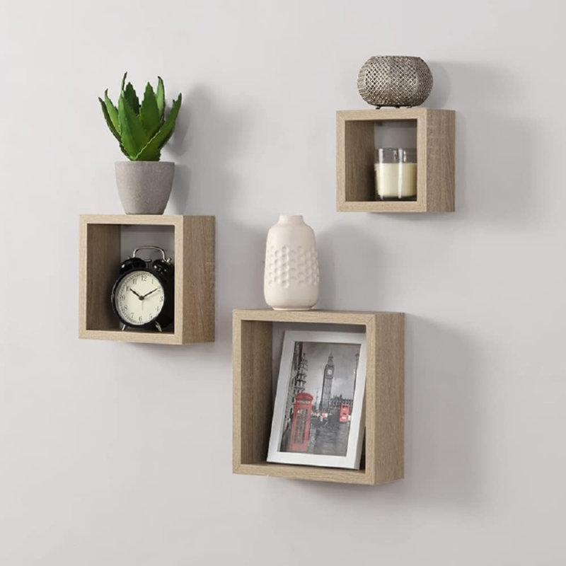 Chaisty 3 Piece Square Floating Shelf, Oak