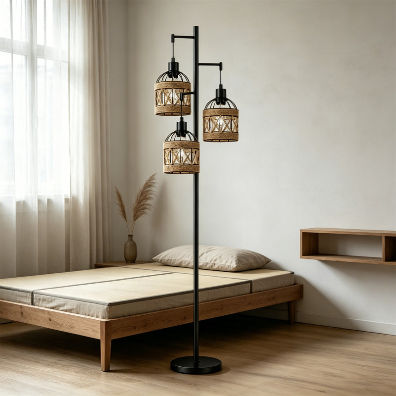 65" Farmhouse Boho Tree Floor Lamp, 3-Light Rotatable Standing Lamp with Foot Switch, Black Iron Pole & Woven Rattan Shades, Edison Bulbs Included for Living Room, Bedroom, Office & Reading Nook