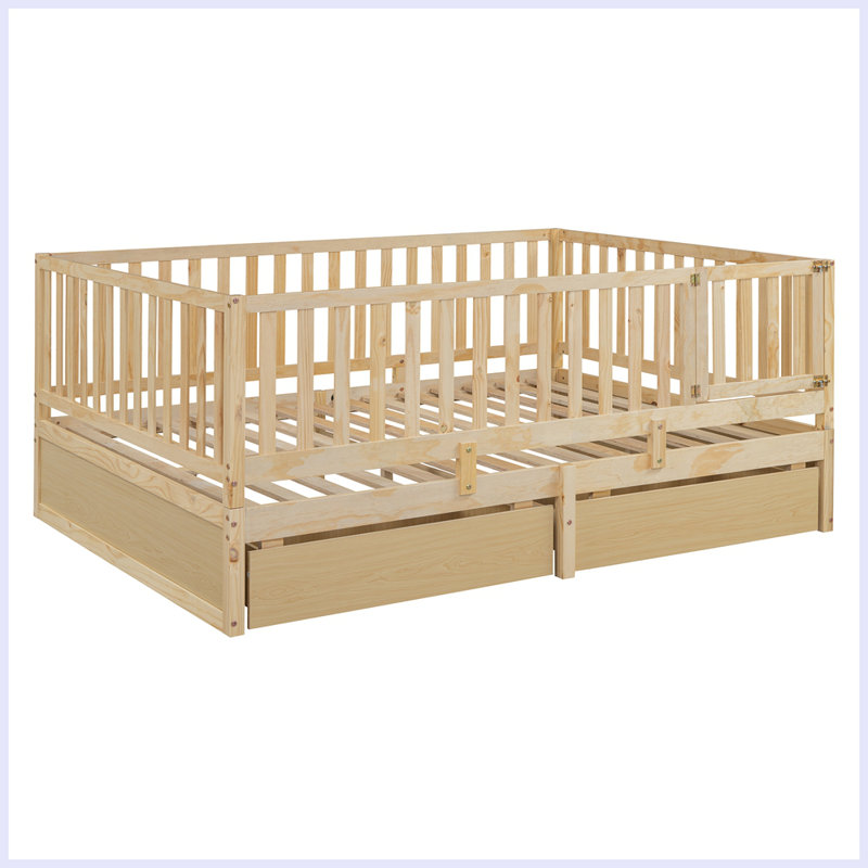 Jordee Wood Daybed with Fence Guardrails and 2 Drawers, Natural, Twin