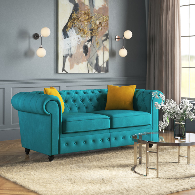 Frances 3 Seater Chesterfield Sofa Velvet, Ocean, 74cm H x 194cm W x 90cm D
