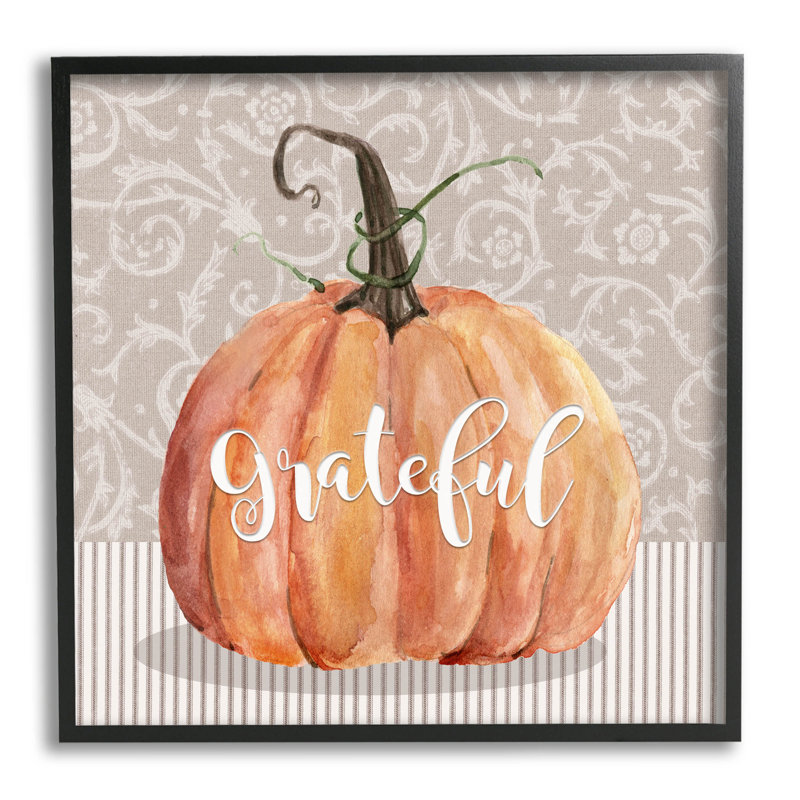 «Grateful Autumnal Pattern Pumpkin» par Livi Finn - impression sur bois, Giclée encadrée noir minuit