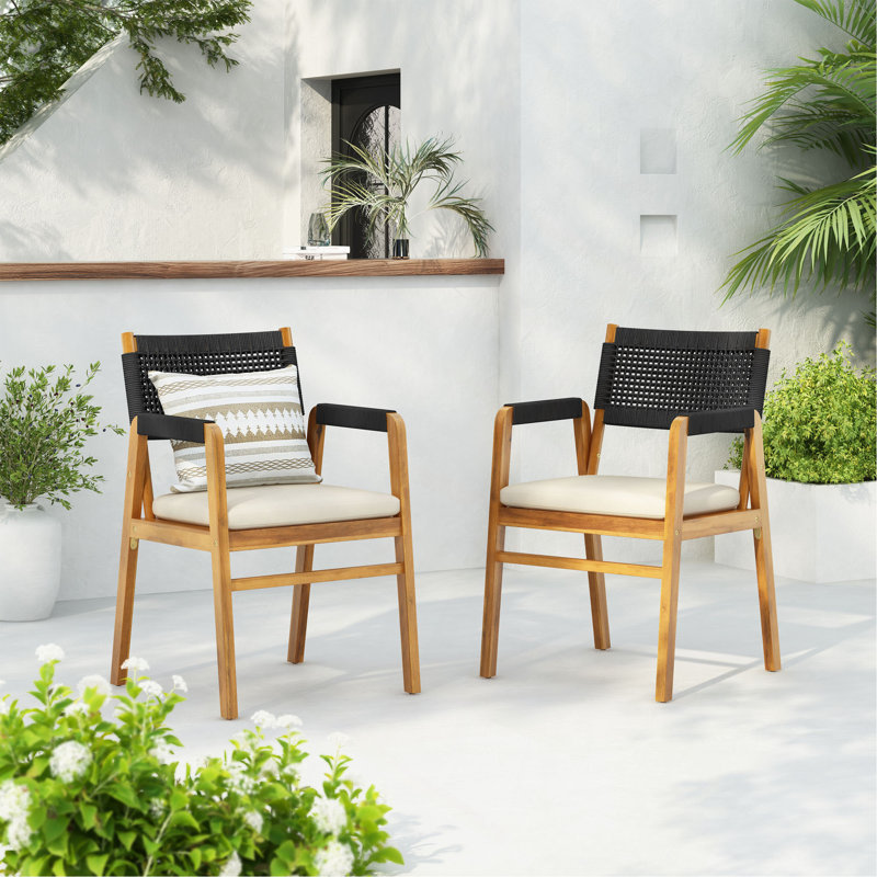 Chaise de salle à manger d'extérieur en bois d'acacia avec coussin, corde (ensemble de 2), Noir / teck