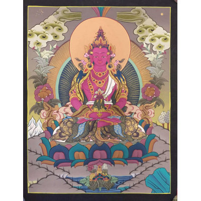 Amitayus Thangka (Thangka sans brocart) | Or 24 carats, gouache et acrylique sur toile de coton