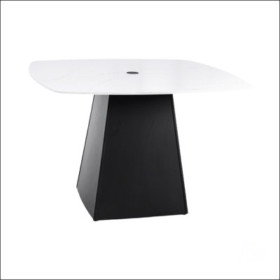 Modern 44 Inch Rounded Square Outdoor Pedestal Dining Table With Sintered Stone Top And Flared Pyramid Aluminum Base, Ember Black Finish, Rust-Free, S