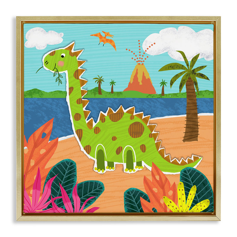«Dinosaur on Beach» par Tina Finn, Cadre doré, H 25 po x l 25 po