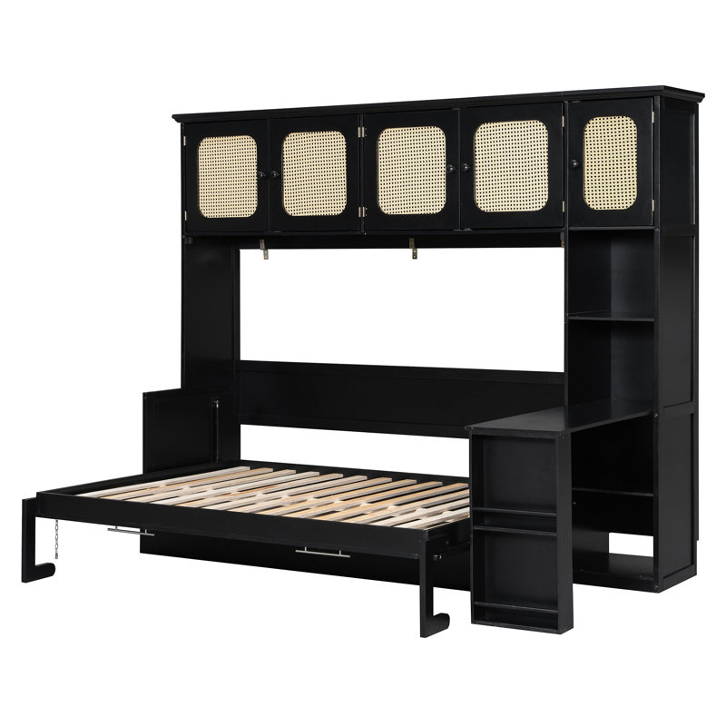 Lit escamotable double avec bureau et armoires en rotin, lit mural peu encombrant pour bureau à domicile, noir, Black