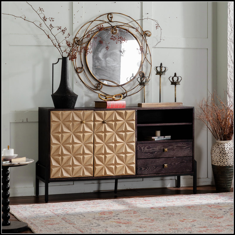 Buffet Mid-Century moderne avec motif géométrique 3D, bois massif et panneau de fibres à densité moyenne, 2 portes + 2 tiroirs, idéal pour le salon et la salle à manger