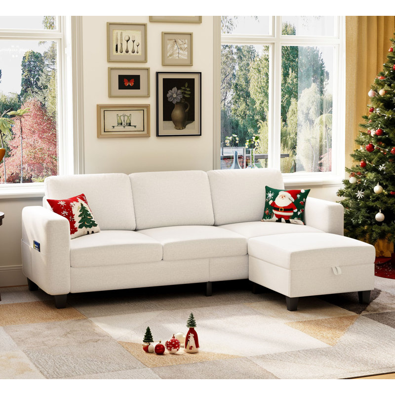 78'' Upholstered Sofa Couch With Movable Ottoman, Beige