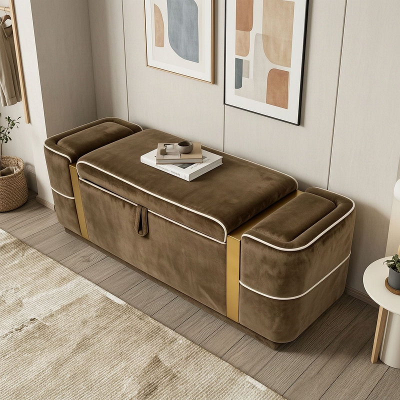 Banc coffre ottoman rembourré avec compartiment caché avec couvercle relevable, Brun