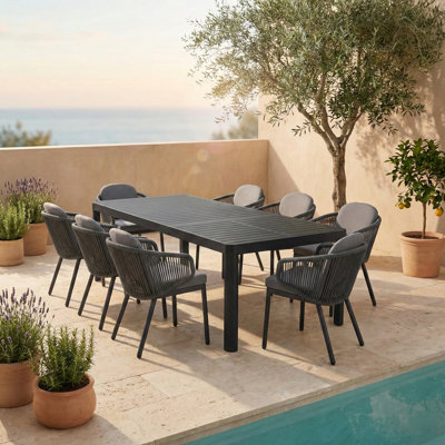 Ensemble repas d'extérieur pour 8 personnes avec table rectangulaire extensible en aluminium, coussins inclus