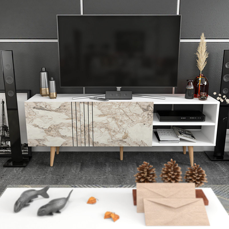 Meuble télé moderne blanc de 63,0 po x 13,8 po x 15,2 po | 100% panneau de particules enduit de mélamine, épaisseur: 0,7 pouce | Design élégant en marbre, durable et élégant pour le salon et les espaces de divertissement, assemblage facile