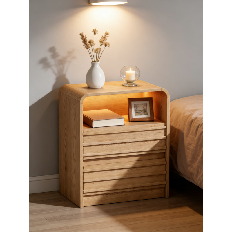 Modern Nightstand With Charging Station And LED Lights, Mid-Century Fluted Design With 2 Drawers And Open Shelf, Bedside Table With Power Outlets And USB Ports