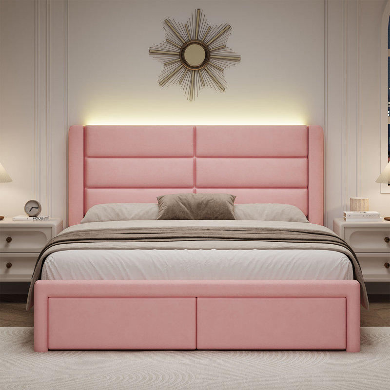 Structure de lit moderne en similicuir avec tête de lit tapissier et lumières DEL, Lit double, Rose