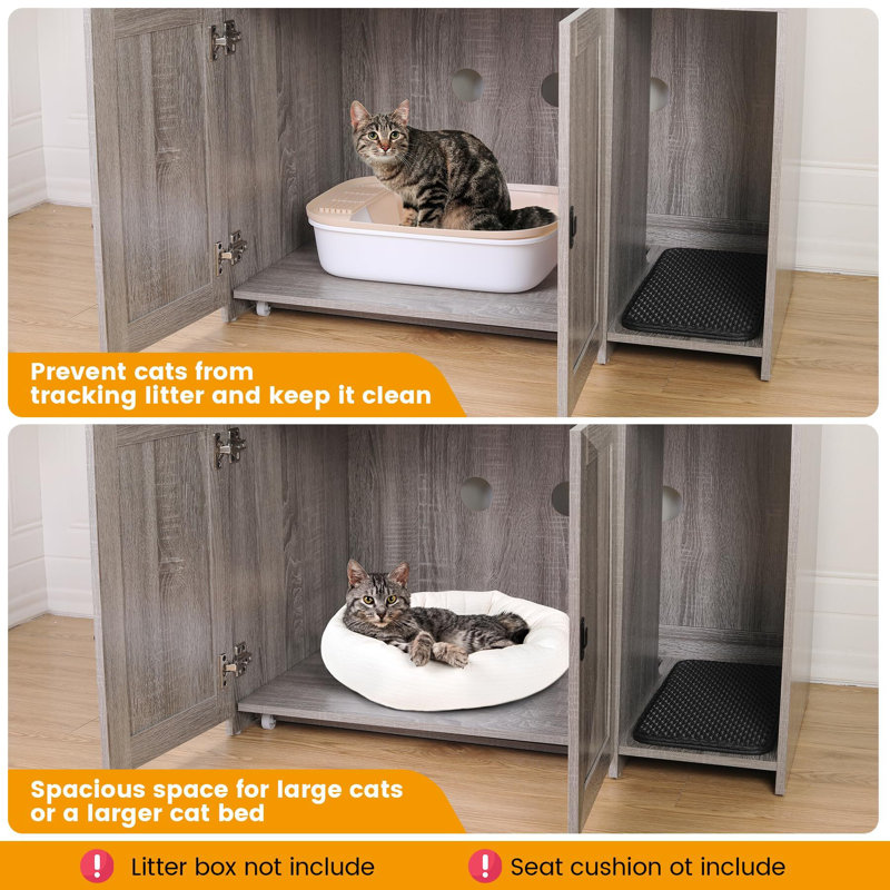 Large Gray Cat Litter Box Enclosure with Shelves and Charging Station