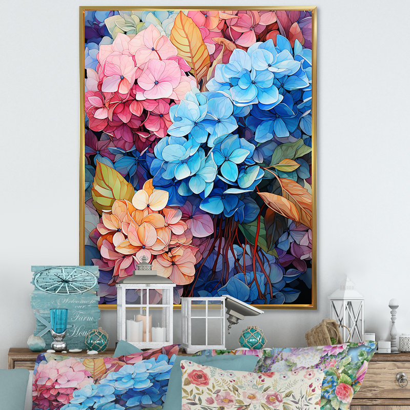 Hortensia bleue et orange II sur toile, Cadre flottant doré, H 32 po x l 24 po x P 1 po