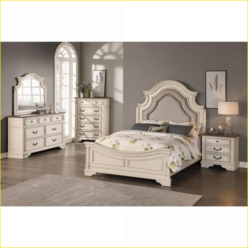 Commode à 5 tiroirs avec commode blanche antique Plateau en noyer | Blanc antique | Panneau de particules + panneau de fibres à densité moyenne, contreplaqué