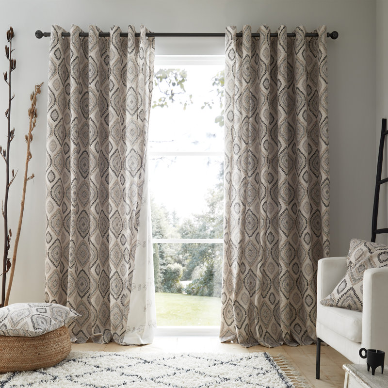 Ziri Geo Lined Eyelet Curtains, 168 W x 229 D cm, Grey/Beige