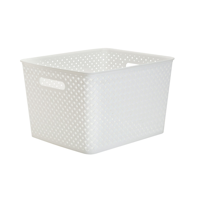 White Round Resin Wicker Storage Bin with Handles