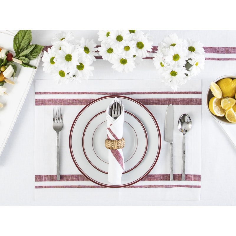 French Stripe - 100% Pure Linen Dinner Napkins, Burgundy and White