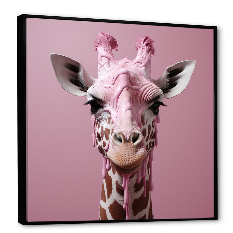 Girafe rose, position romantique sur toile, Cadre flottant noir, H 36 po x l 36 po x P 1,5 po