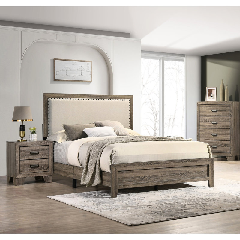 Lit simple gris tapissier pour chambre à coucher, lit en bois massif et finition solide avec tête de lit et placages, mobilier élégant