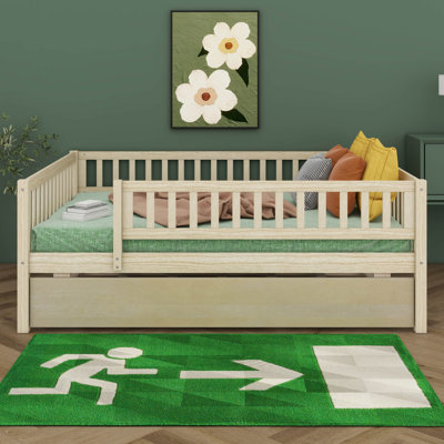 Structure de lit double avec lit gigogne et garde-corps, lit pour enfants en bois de style Montessori avec support à lattes