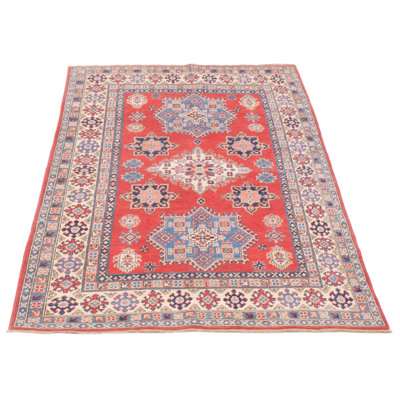 Tapis bleu / rouge / saumon en laine noué à la main de conception unique 4 pi 8 po x 7 pi 1 po nouvel âge Vania
