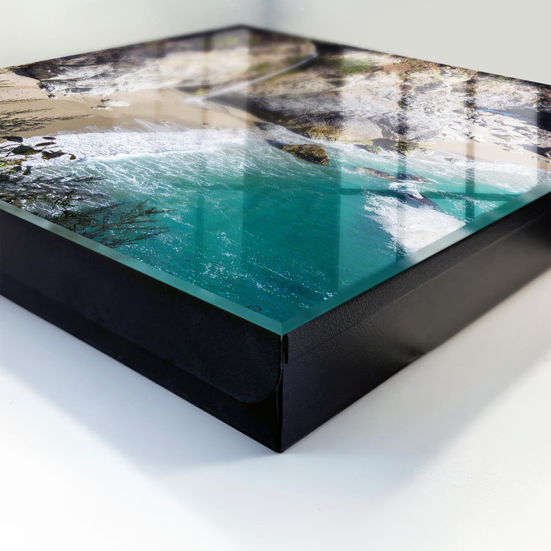Decorative key box for wall, Opens to the left, 30x30x5, Black, A waterfall falling into the ocean at the cliffs, 
