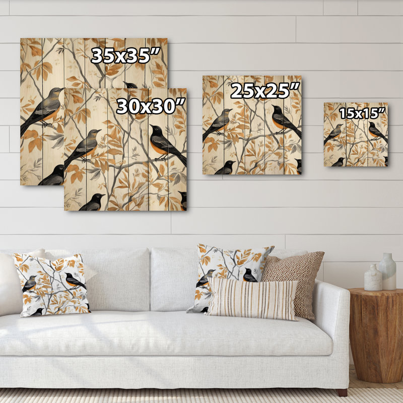 Amarpreet, oiseaux noirs bruns sur arbres sur bois, H 35 po x l 35 po x P 0,78 po