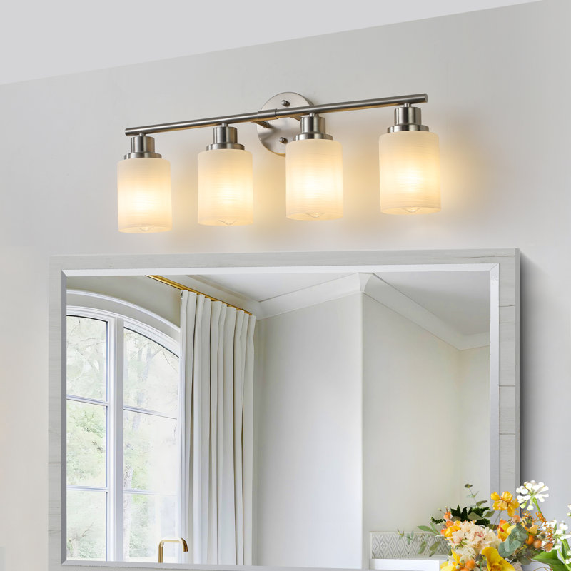 4-Light Vanity Wall Sconce, Brushed Nickel Finish With Frosted Glass Shades, Nickel