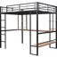 Lit mezzanine double en métal pleine grandeur, bureau long noir et tablettes pour un espace de bureau à domicile polyvalent