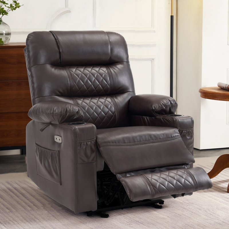Fauteuil inclinable électrique avec chaleur et massage, porte-gobelet, port USB, similicuir, Brun