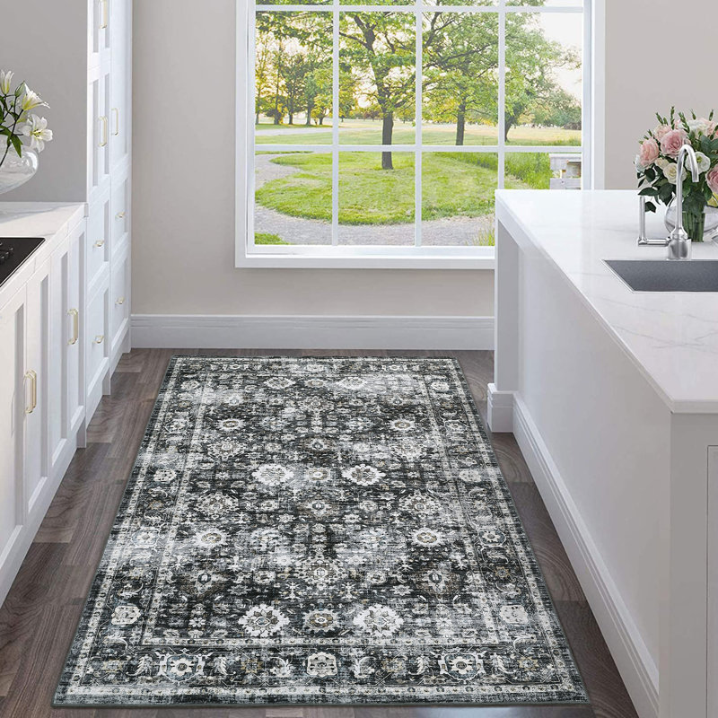 Oriental Machine Washable Rug with Rubber Backing Soft Area Rug Non Slip Thin Rug Low Pile Foldable Rug for Living Room, Bedroom, Dining Room